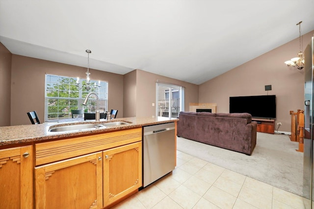 5227 Cobblers Xing Unit 5227, Mchenry, IL 60050 - kitchen with dishwasher, a chandelier, light colored carpet, vaulted ceiling, and hanging light fixtures