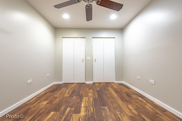 20 N State St Unit 1012, Chicago, IL 60602 - unfurnished bedroom featuring multiple closets, dark wood-style flooring, ceiling fan, and recessed lighting