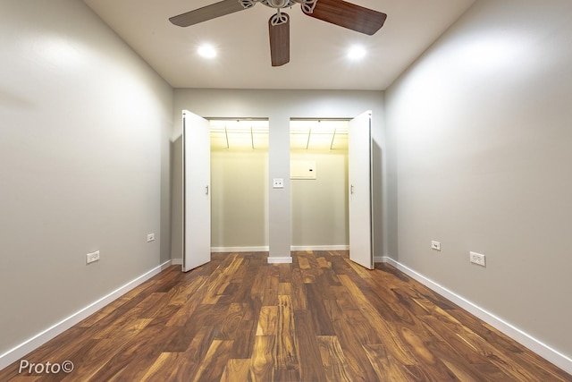 20 N State St Unit 1012, Chicago, IL 60602 - unfurnished bedroom with two closets, dark wood-style floors, ceiling fan, and recessed lighting