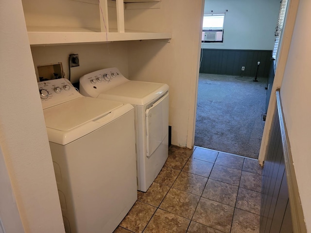 8788 Sheffield Dr, Belvidere, IL 61008 - laundry area with carpet, washer and clothes dryer, a wainscoted wall, cooling unit, and tile patterned flooring