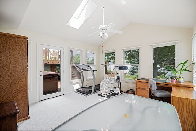 145 Barnes Rd, Elgin, IL 60124 - workout room featuring lofted ceiling, a skylight, healthy amount of natural light, a ceiling fan, and carpet floors
