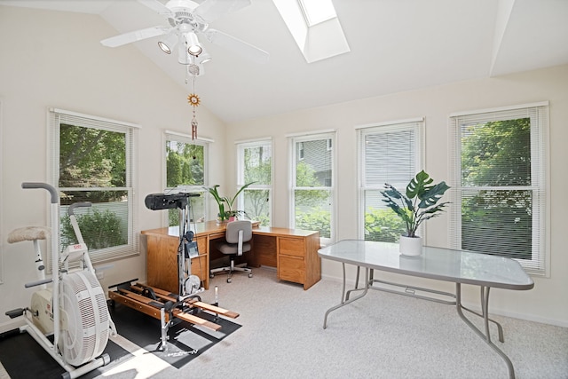 145 Barnes Rd, Elgin, IL 60124 - office area with light carpet, plenty of natural light, a skylight, ceiling fan, and high vaulted ceiling
