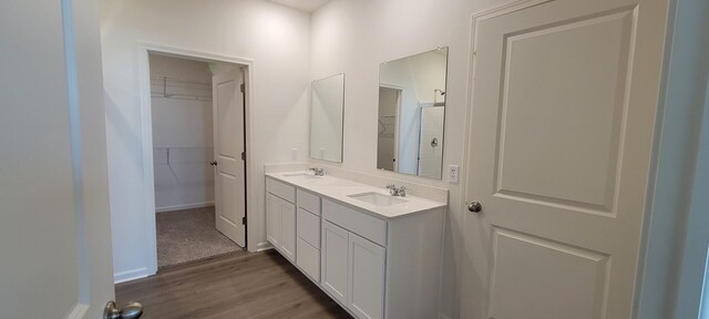 6455 Juniper Dr, Wonder Lake, IL 60097 - bathroom featuring double vanity, wood finished floors, a shower with door, and a spacious closet