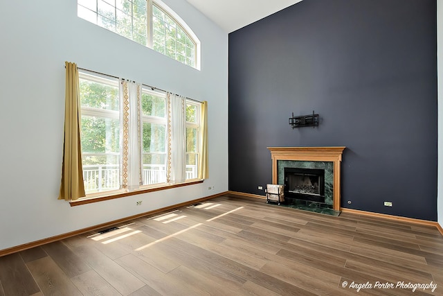 179 Cascade Dr, Crystal Lake, IL 60012 - unfurnished living room with wood finished floors, a high ceiling, and a premium fireplace