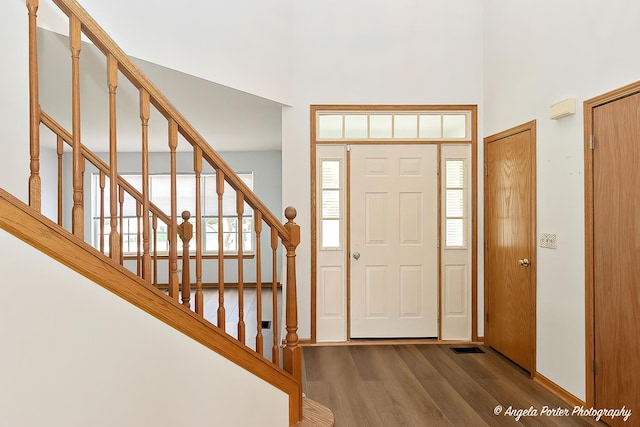 179 Cascade Dr, Crystal Lake, IL 60012 - entryway featuring a towering ceiling, wood finished floors, and stairs
