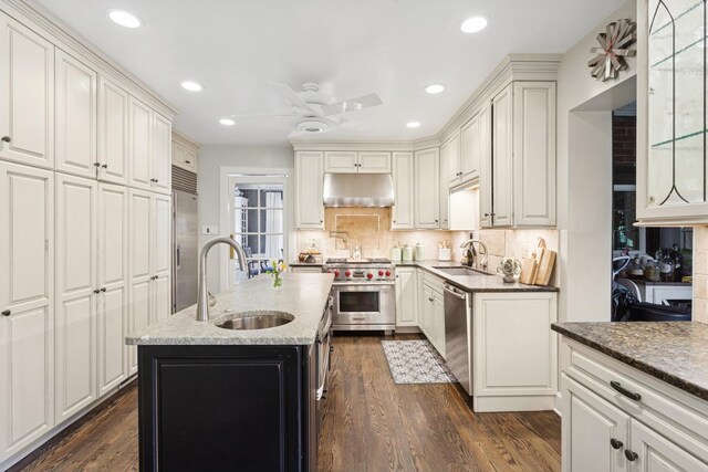 2951 Colfax St, Evanston, IL 60201 - kitchen with high quality appliances, a sink, under cabinet range hood, backsplash, and recessed lighting