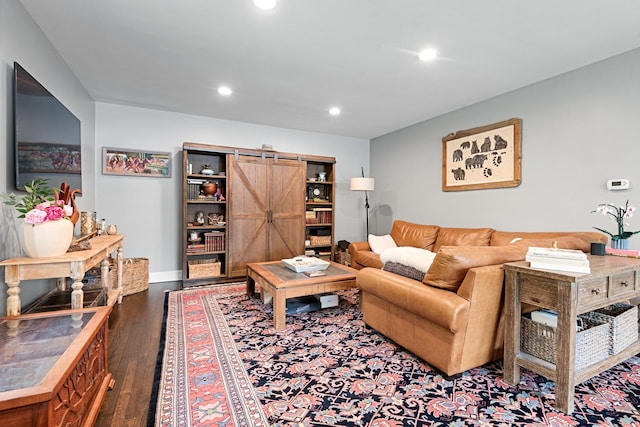 2951 Colfax St, Evanston, IL 60201 - living area with a barn door, dark wood-type flooring, and recessed lighting