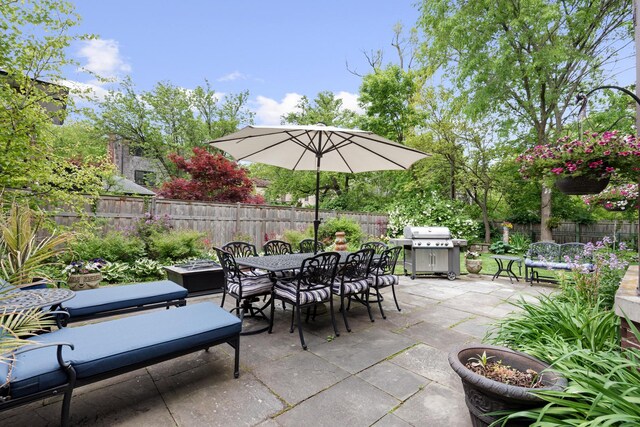 2951 Colfax St, Evanston, IL 60201 - fenced backyard featuring outdoor dining area, a patio, and grilling area