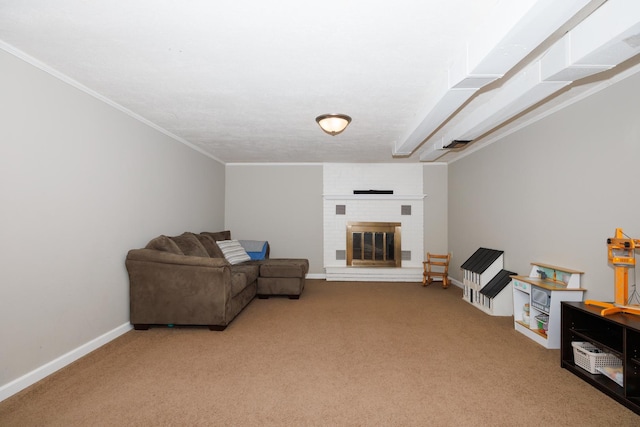 103 N Adelaide St, Normal, IL 61761 - living room featuring light carpet, ornamental molding, and a brick fireplace