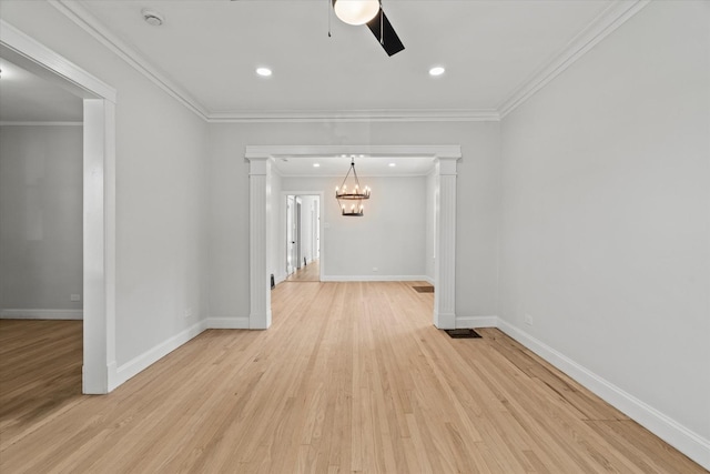 2445 Highland Ave, Berwyn, IL 60402 - unfurnished room with a ceiling fan, light wood finished floors, a chandelier, ornamental molding, and recessed lighting