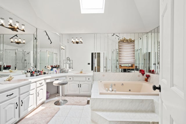 1542 Woodcreek Trl, Bartlett, IL 60103 - full bath with vaulted ceiling, a whirlpool tub, vanity, tile patterned floors, and a stall shower