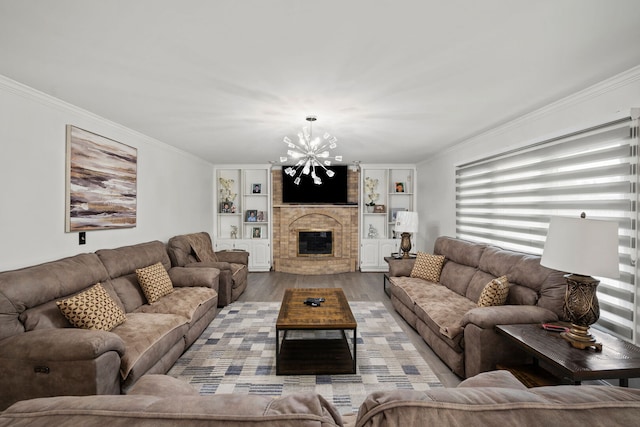 1542 Woodcreek Trl, Bartlett, IL 60103 - living area with a chandelier, wood finished floors, crown molding, a fireplace, and built in features