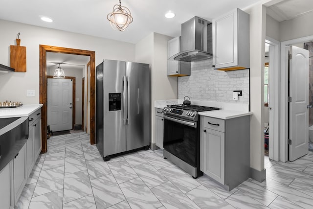 21203 S 93rd Ave, Frankfort, IL 60423 - kitchen with stainless steel appliances, wall chimney exhaust hood, light marble finish flooring, light countertops, and gray cabinets