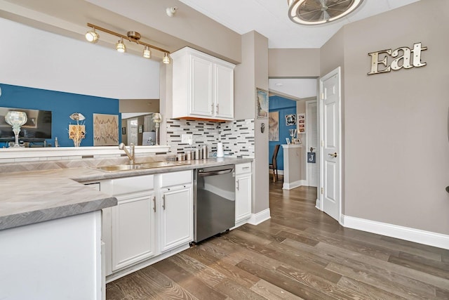 6743 S Pointe Dr Unit 1C, Tinley Park, IL 60477 - kitchen featuring stainless steel dishwasher, decorative backsplash, dark wood-style floors, white cabinets, and lofted ceiling