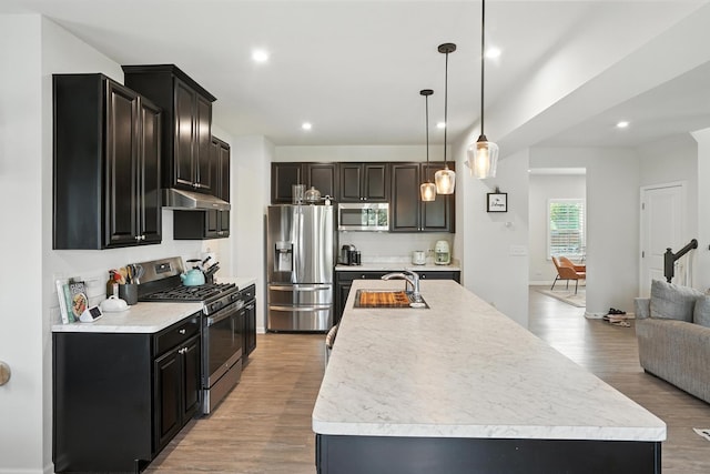 2632 Pecos Cir, Montgomery, IL 60538 - kitchen featuring appliances with stainless steel finishes, light countertops, an island with sink, light wood finished floors, and recessed lighting