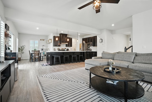 2632 Pecos Cir, Montgomery, IL 60538 - living room featuring a ceiling fan, light wood-style floors, and recessed lighting