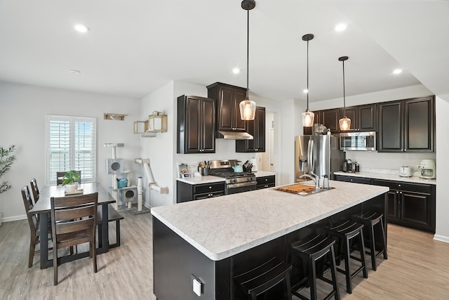 2632 Pecos Cir, Montgomery, IL 60538 - kitchen with appliances with stainless steel finishes, light wood-style flooring, light countertops, a kitchen island with sink, and recessed lighting