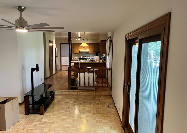 3485 Ronald Rd, Crete, IL 60417 - kitchen featuring under cabinet range hood, a ceiling fan, stainless steel appliances, decorative light fixtures, and parquet flooring