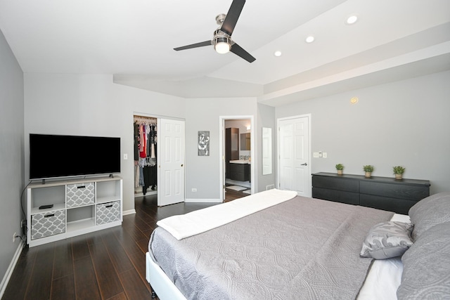 2208 W Concord Ln, Addison, IL 60101 - bedroom with wood finished floors, recessed lighting, lofted ceiling, a ceiling fan, and ensuite bathroom
