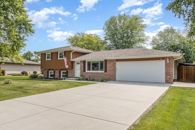 1910 Heather Ln, Joliet, IL 60431 - split level home featuring brick siding, a garage, driveway, a front yard, and a shingled roof