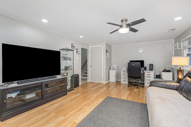 1910 Heather Ln, Joliet, IL 60431 - living area featuring a desk, stairway, ceiling fan, wood finished floors, and recessed lighting