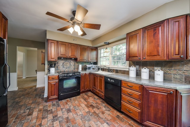 116 W Bailey Rd, Naperville, IL 60565 - kitchen featuring black appliances, ceiling fan, tasteful backsplash, and brick flooring
