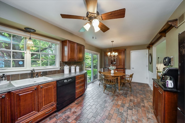 116 W Bailey Rd, Naperville, IL 60565 - kitchen with black dishwasher, brick flooring, hanging light fixtures, and a chandelier