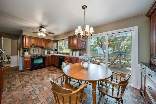116 W Bailey Rd, Naperville, IL 60565 - dining room with brick flooring, ceiling fan, and a chandelier