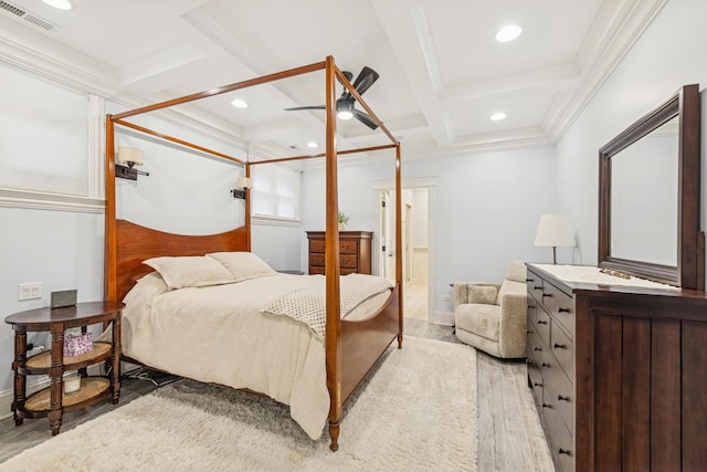 1430 W Diversey Pkwy Unit 1, Chicago, IL 60614 - bedroom with coffered ceiling, light wood-style flooring, beamed ceiling, ornamental molding, and recessed lighting