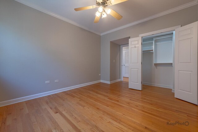 3454 N Ashland Ave Unit 4S, Chicago, IL 60657 - unfurnished bedroom with ornamental molding, light wood-style flooring, a closet, and ceiling fan