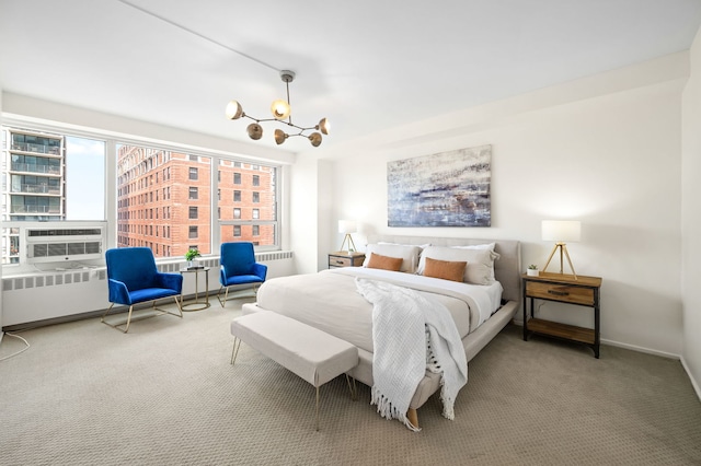 3180 N Lake Shore Dr Unit 8A, Chicago, IL 60657 - bedroom with a chandelier, radiator heating unit, carpet floors, and cooling unit