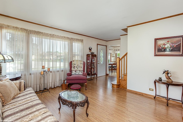 9619 S 53rd Ave, Oak Lawn, IL 60453 - living room with crown molding, light wood-style floors, and stairway