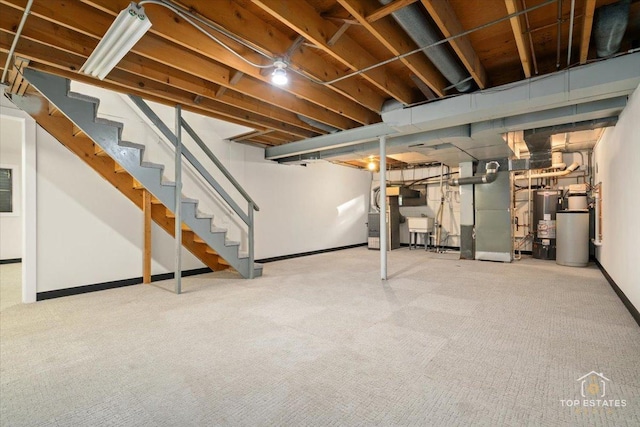 21824 Cambridge Dr, Kildeer, IL 60047 - below grade area featuring heating unit, water heater, carpet, and stairway