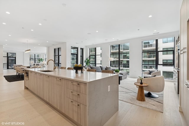 128 S Green St Unit 5Ab, Chicago, IL 60607 - kitchen with open floor plan, modern cabinets, light wood-style floors, light brown cabinets, and a large island