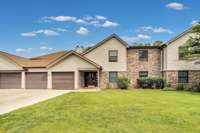 738 Hapsfield Ln Unit 7A2, Buffalo Grove, IL 60089 - traditional-style home featuring brick siding, a front yard, a garage, concrete driveway, and a chimney