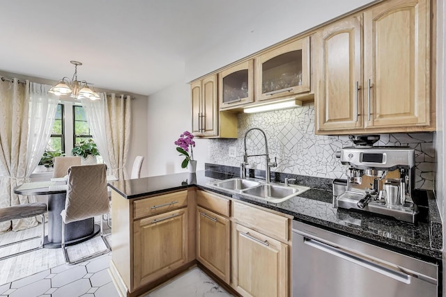 738 Hapsfield Ln Unit 7A2, Buffalo Grove, IL 60089 - kitchen featuring dishwasher, light brown cabinetry, and a chandelier