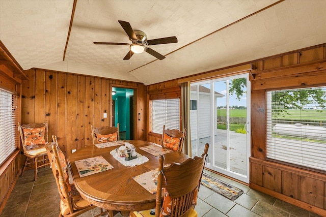 9101 US Highway 36, Metcalf, IL 61940 - dining room with wooden walls, vaulted ceiling, and ceiling fan