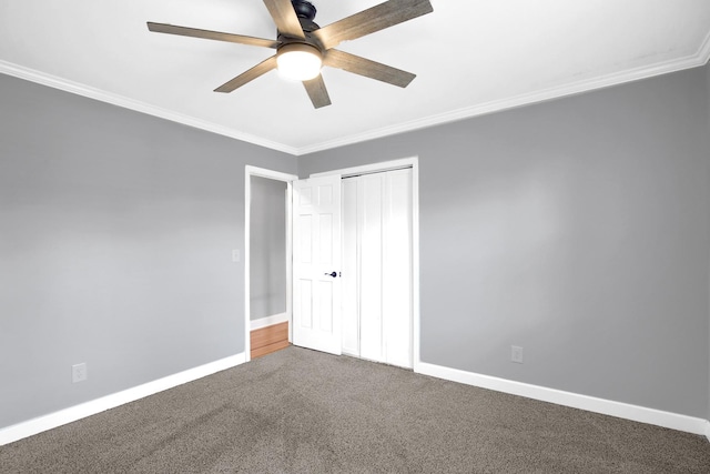 717 Bittersweet Ln, New Lenox, IL 60451 - unfurnished bedroom with crown molding, carpet floors, a closet, and a ceiling fan