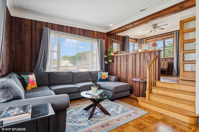9333 S Oakley Ave, Chicago, IL 60643 - living area featuring wood walls, a ceiling fan, ornamental molding, and beam ceiling