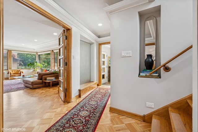 9333 S Oakley Ave, Chicago, IL 60643 - hallway featuring crown molding, stairway, and recessed lighting