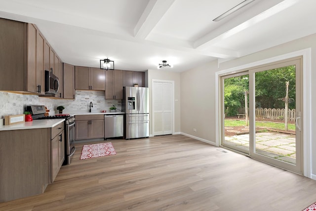 3616 Tamarind Ln, Hazel Crest, IL 60429 - kitchen featuring stainless steel appliances, beam ceiling, decorative backsplash, light wood-type flooring, and light countertops