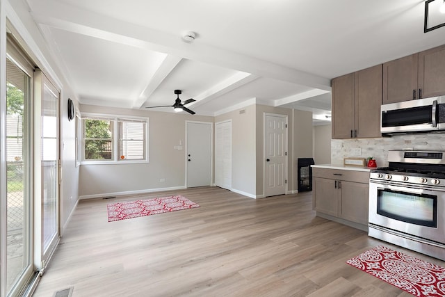 3616 Tamarind Ln, Hazel Crest, IL 60429 - kitchen with appliances with stainless steel finishes, backsplash, beamed ceiling, light wood-style flooring, and ceiling fan