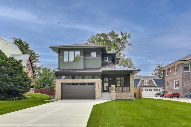 1437 Ashland Ave, River Forest, IL 60305 - view of front of property with a standing seam roof, a front yard, brick siding, and a garage