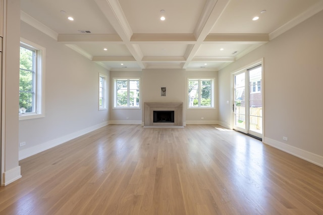 1437 Ashland Ave, River Forest, IL 60305 - unfurnished living room with plenty of natural light, beam ceiling, light wood-style flooring, a fireplace with flush hearth, and recessed lighting