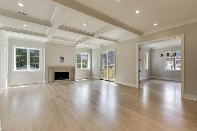 1437 Ashland Ave, River Forest, IL 60305 - unfurnished living room with light wood finished floors, beam ceiling, recessed lighting, coffered ceiling, and a fireplace