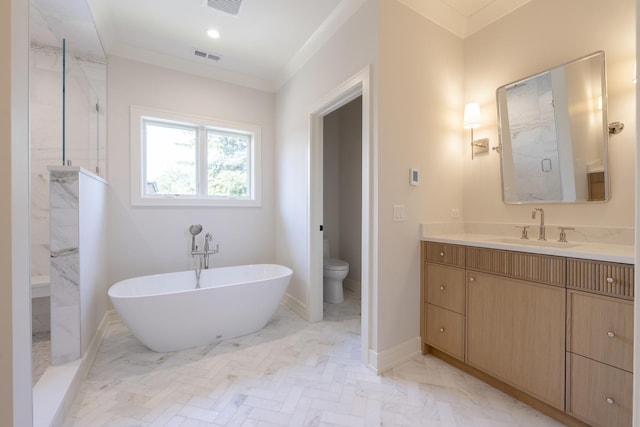 1437 Ashland Ave, River Forest, IL 60305 - full bath featuring a freestanding bath, vanity, a marble finish shower, ornamental molding, and marble finish flooring