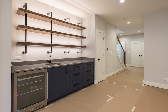 1437 Ashland Ave, River Forest, IL 60305 - indoor wet bar featuring wine cooler, stairway, and recessed lighting