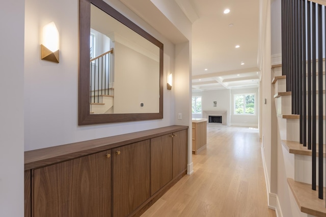 1437 Ashland Ave, River Forest, IL 60305 - hallway with stairway, light wood finished floors, recessed lighting, and beam ceiling