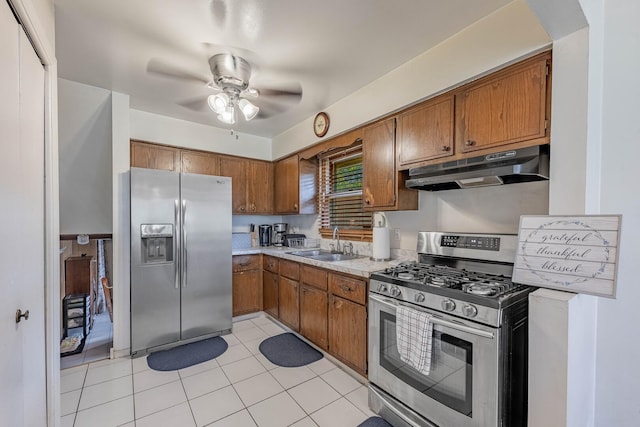 1330 E 146th St, Dolton, IL 60419 - kitchen featuring appliances with stainless steel finishes, under cabinet range hood, ceiling fan, and brown cabinetry