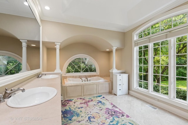 1310 Gavin Ct, Lake Forest, IL 60045 - full bathroom featuring a garden tub, double vanity, recessed lighting, ornate columns, and crown molding